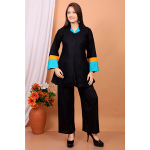 “Black Co-Ord Set for Women with Color Block Sleeves – Rajkamal Dresses”