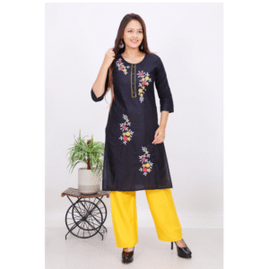 Black floral embroidered kurti with bright yellow palazzo – Rajkamal Dresses ethnic wear for women