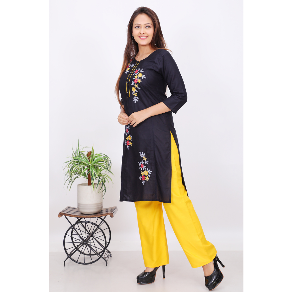 Black floral embroidered kurti with bright yellow palazzo β Rajkamal Dresses ethnic wear for women