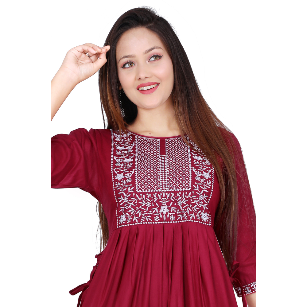 Rajkamal Dresses Women’s Maroon Embroidered Cotton Kurti – Stylish Ethnic Wear for Festive & Casual Look