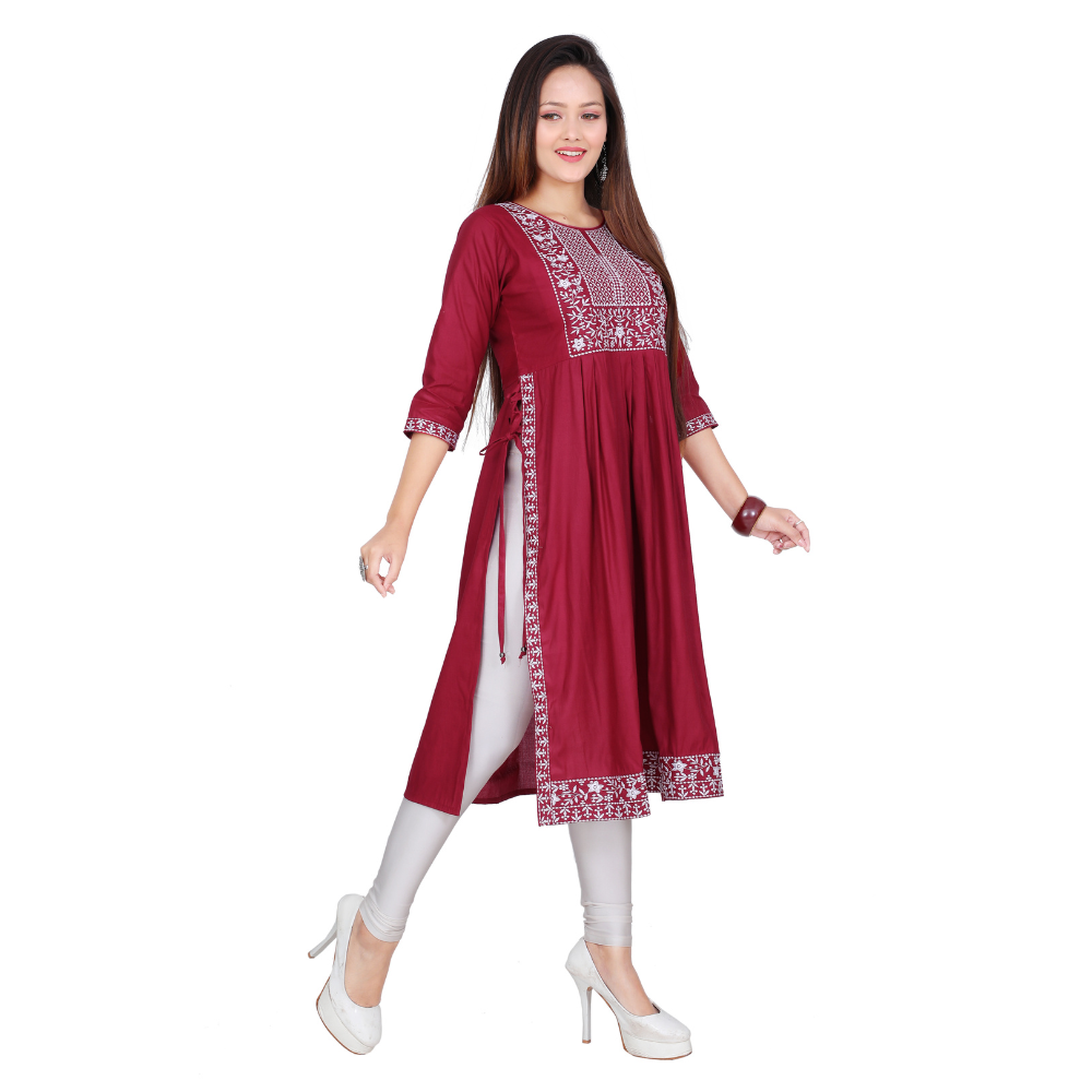 Rajkamal Dresses Women’s Maroon Embroidered Cotton Kurti – Stylish Ethnic Wear for Festive & Casual Look