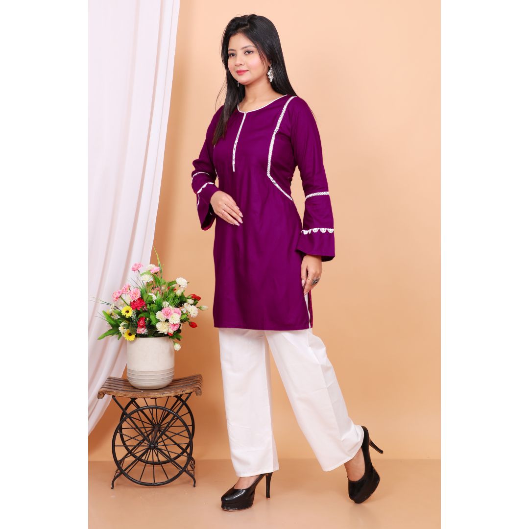 Purple cotton kurti with white pant for women – Rajkamal Dresses