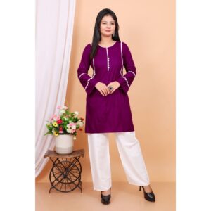 Purple cotton kurti with white pant for women – Rajkamal Dresses