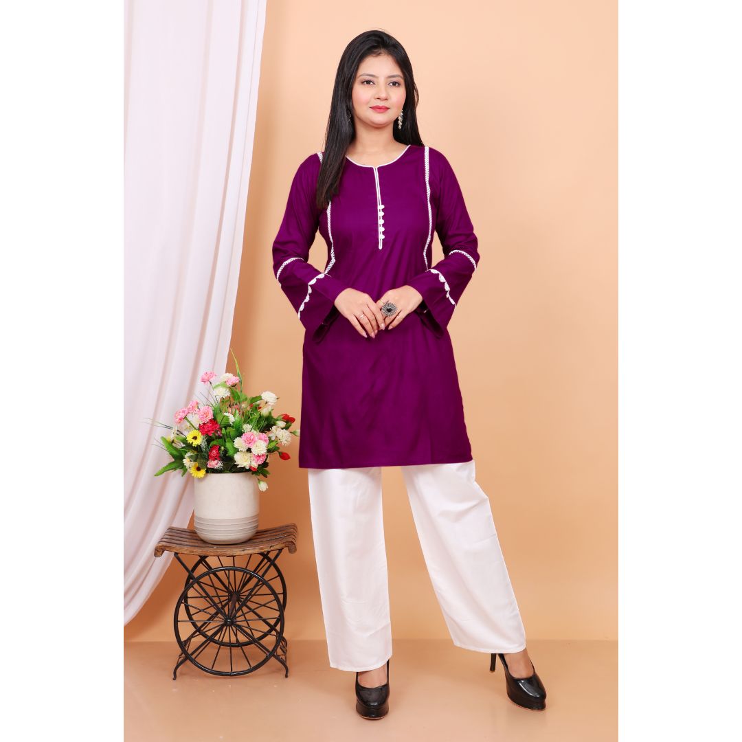 Purple cotton kurti with white pant for women – Rajkamal Dresses