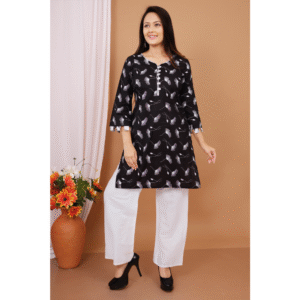 "Rajkamal Dresses – Women’s White & Black Printed Cotton Kurti with Palazzo Set"